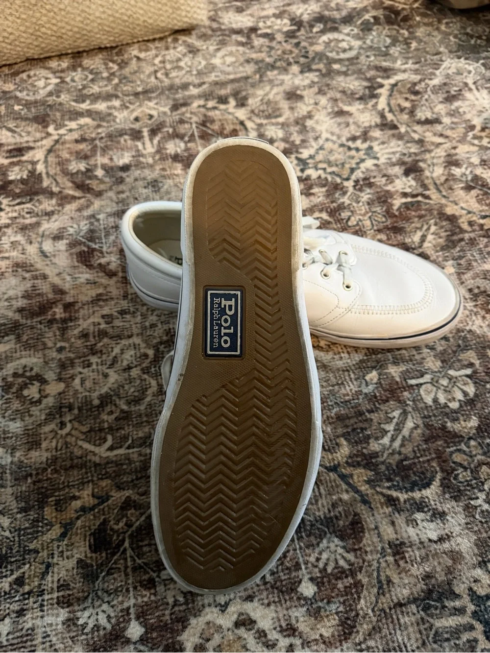 Polo by Ralph Lauren Men’s White leather Faxon X Sneakers with Navy Logo